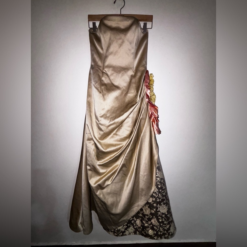 Vintage Elegant Victorian Style Gold Gown with Floral Accents Maxi Dress. - Picture 2 of 11